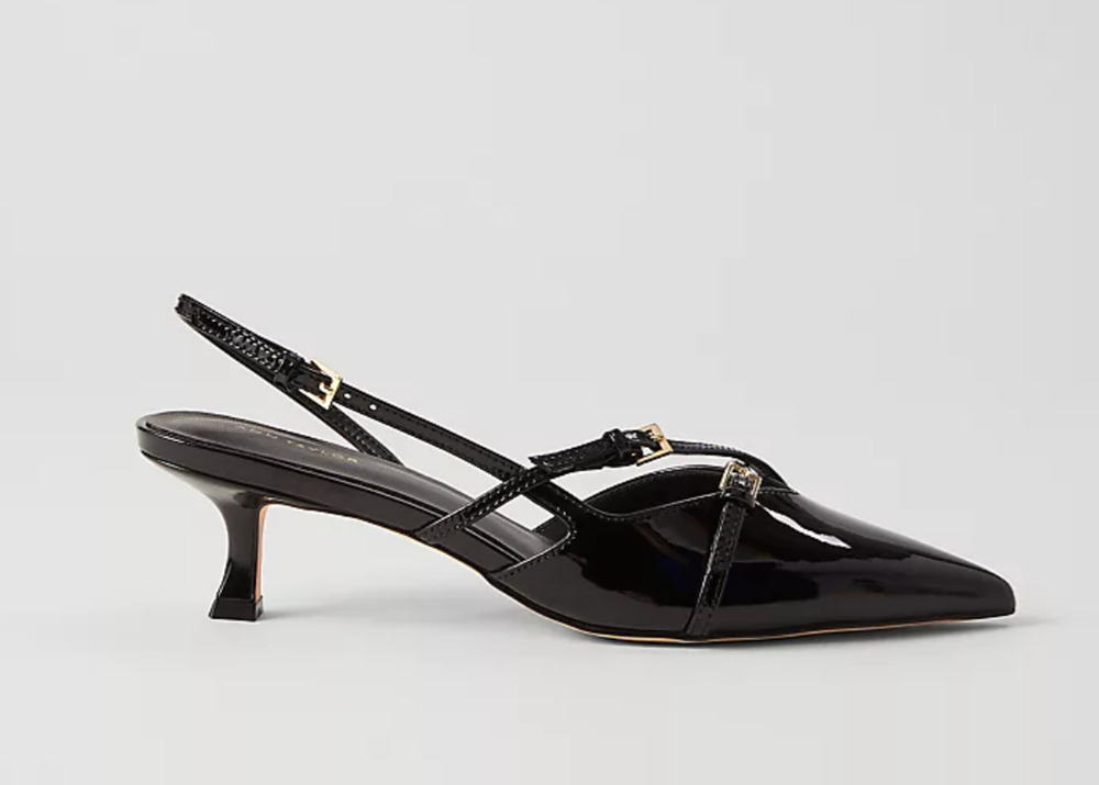 NWOB Ann Taylor Strappy Pointy Toe Patent Pump Black 6M Gold Buckles